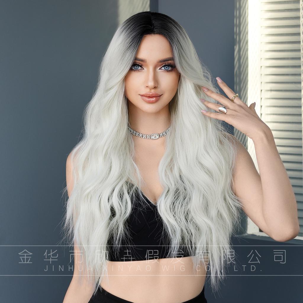 European American Medium Length Curly Hair Wig With Big Waves Silver White Top Dyed Christmas Full Head Cover