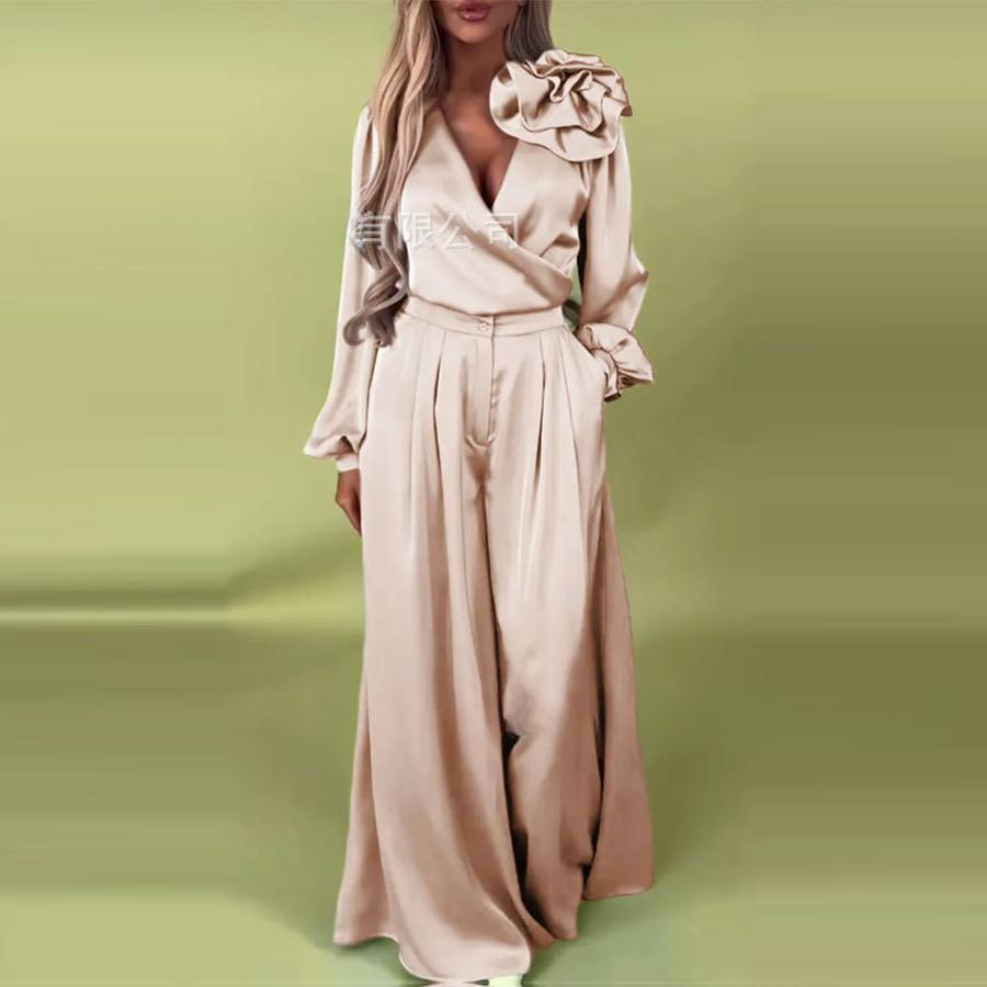 Ensemble Pantalon Large à Jambes Larges et Haut Élégant de Luxe à Manches Longues et Décolleté en V pour Femmes au Printemps