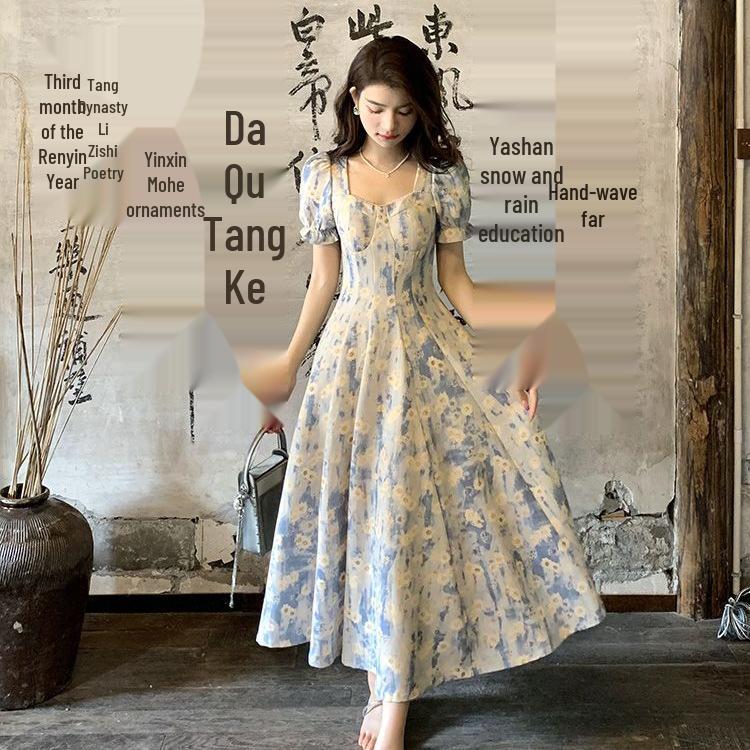 Blue Floral French Square Neck Midi Dress with Waist-Cinching Design
