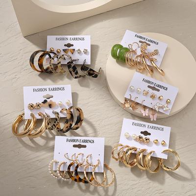 Vintage Fashion Metal Big Round Circle Hoop Earrings Set For Women Acrylic Leopard Butterfly Pearls Dangle Drop Earrings Jewelry