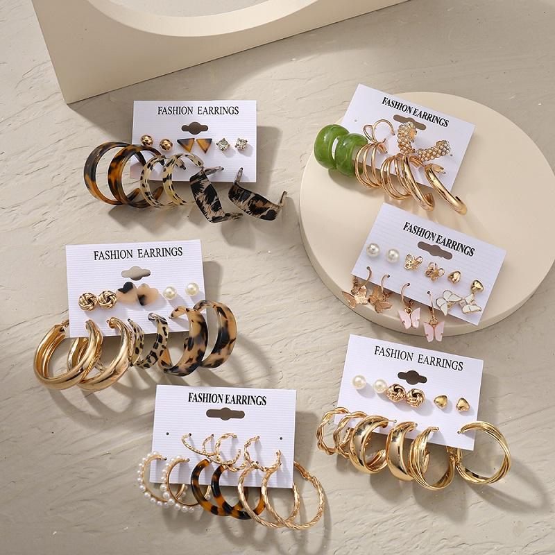 Bohemian Fashion Acrylic Leopard Round Circle Hoop Earrings Set For Women Gold Color Butterfly Pearls Drop Earrings Set Jewelry