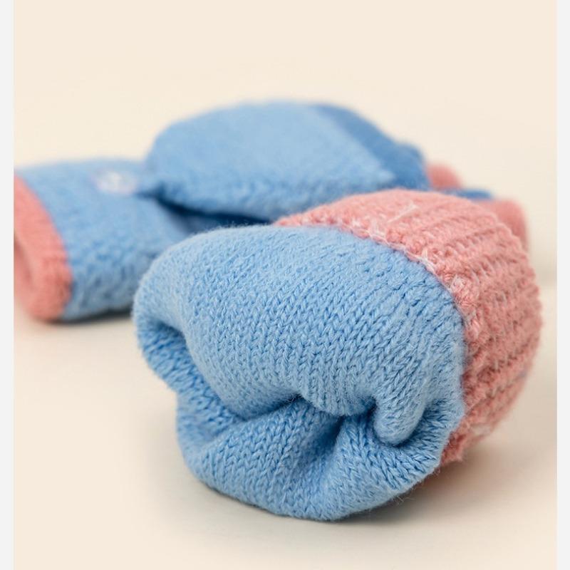 Gestreifte gestrickte doppellagige verdickte warme Halbfinger-Kindergarten-Jungen- und Mädchen-Winterkälte-Kinder-Klapphandschuhe