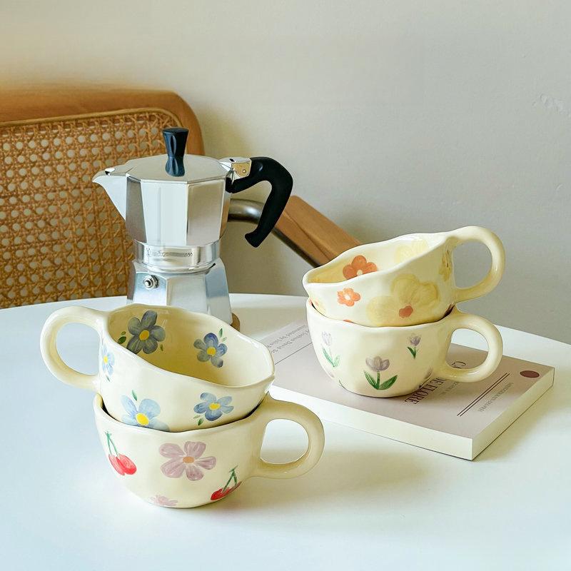 Hand-Pinched Ceramic Coffee Mug, Korean Style Floral Milk Tea Cup, Artisan Breakfast Drinkware, Unique Irregular Design