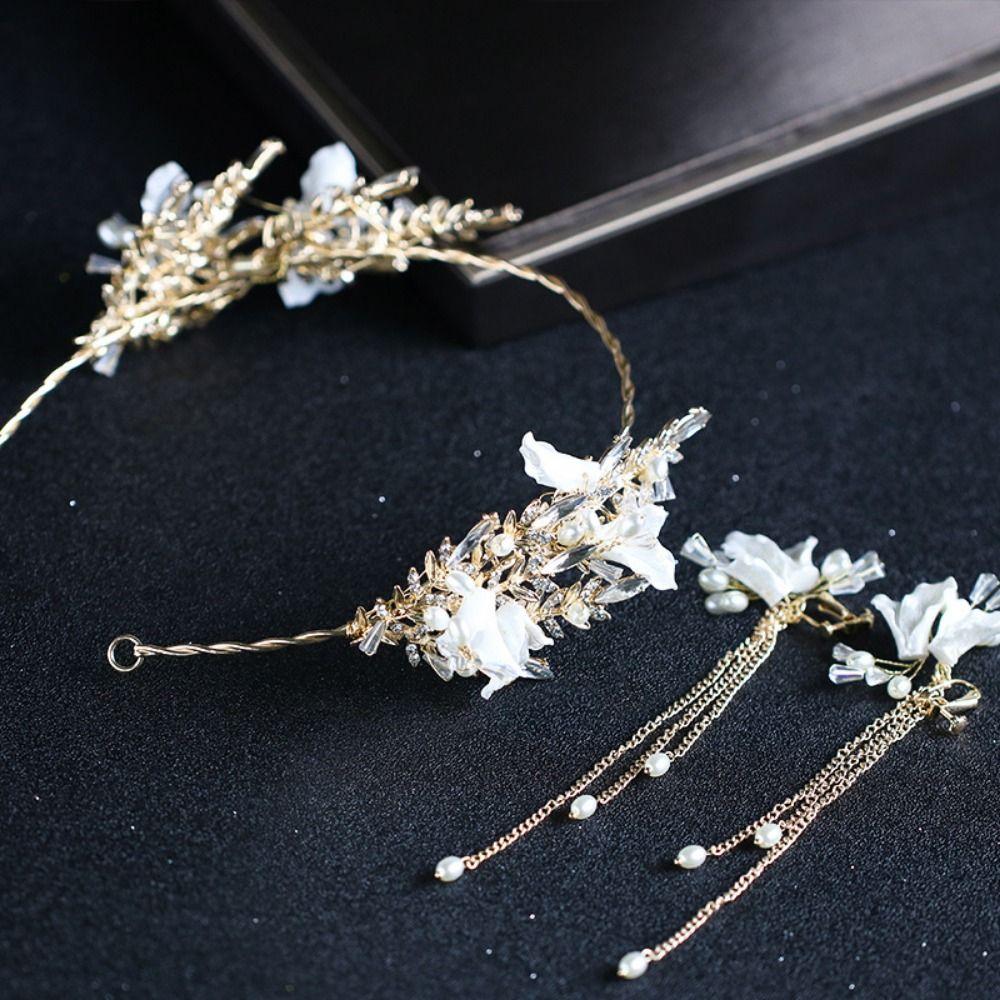 Handmade Bride Wedding Tiaras Tassels Earring Flower Headbands Elegant Pearl Headpiece  Women Girls