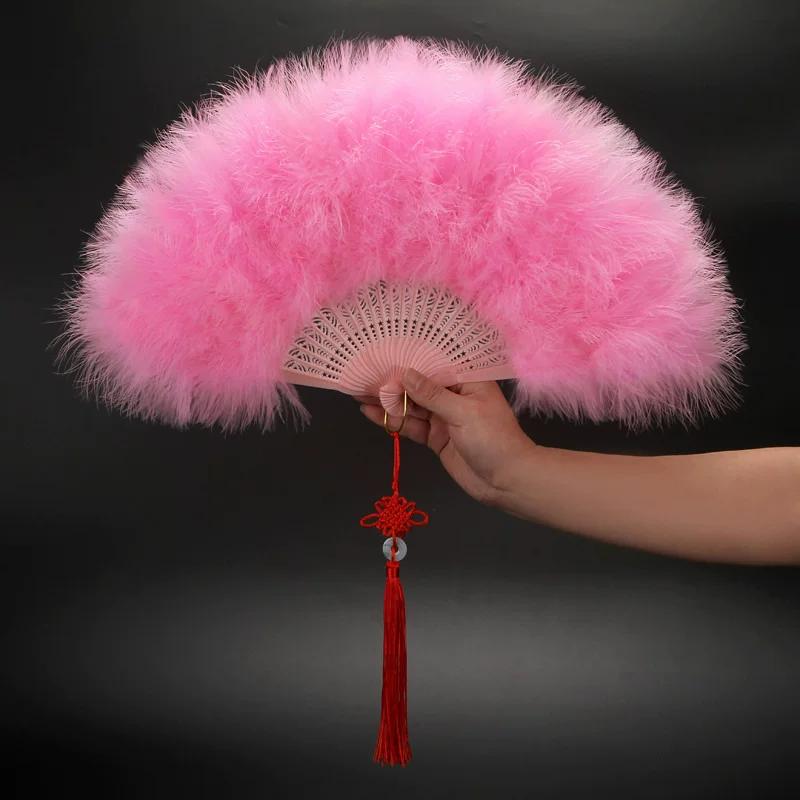 White Feather Fan Full Velvet Thickening Cheongsam Catwalk Folding Fan Yudi Boutique Night Shanghai Chinese Ancient Style Dancing Folding Fan Female
