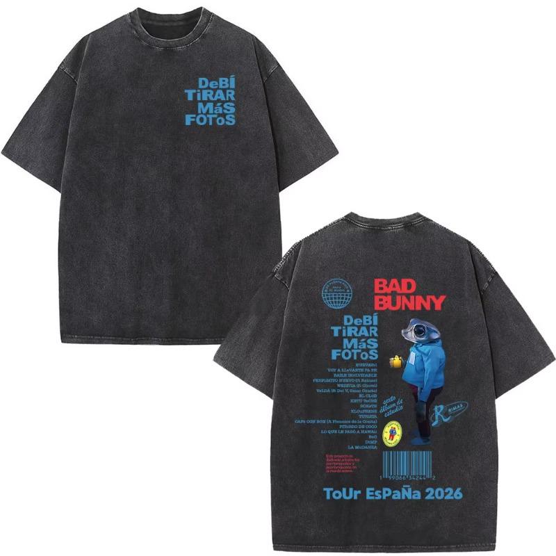 Rapper Bad Bunny Album Cover Washed Vintage T-shirt Debi Tirar Mas Fotos DTMF T Shirts Men Fashion Hip Hop Short Sleeve T-shirts