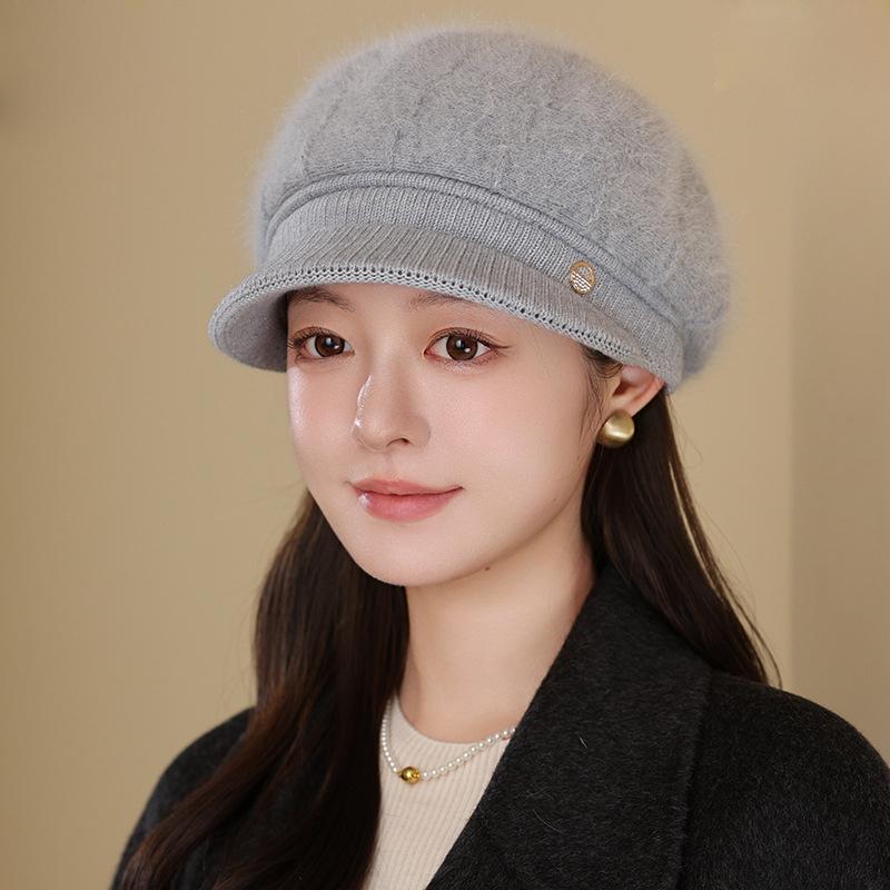 Middle-Aged and Elderly Thick Rabbit Fur Duck Tongue Beret Outdoor Windproof Mother Warm Knitted Cap