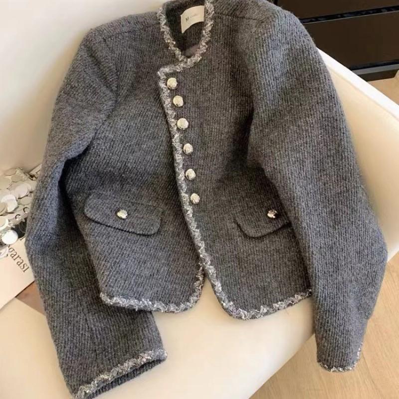 Womens Short Wool-Blend Chic Blazer In Gray Loose Fit French Style Coat Petite Figures