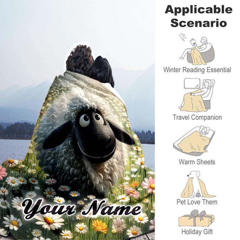 1PC Custom Name Sheep Flower Field flannel blanket versatile,all-season throw suitable for the living room,bedroom,camping,travel,and gift