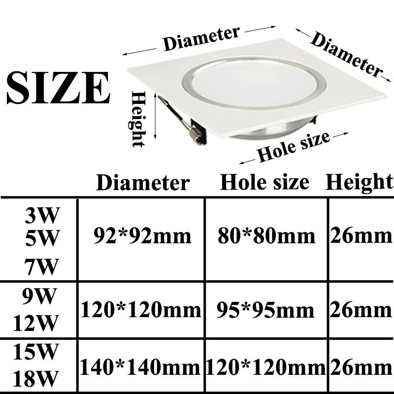 Dimmable LED Downlights 3W 5W 7W 9W 12W 15W AC85-265V Square Silver Black White LED Ceiling Down Lamp Indoor Lighting With Drive