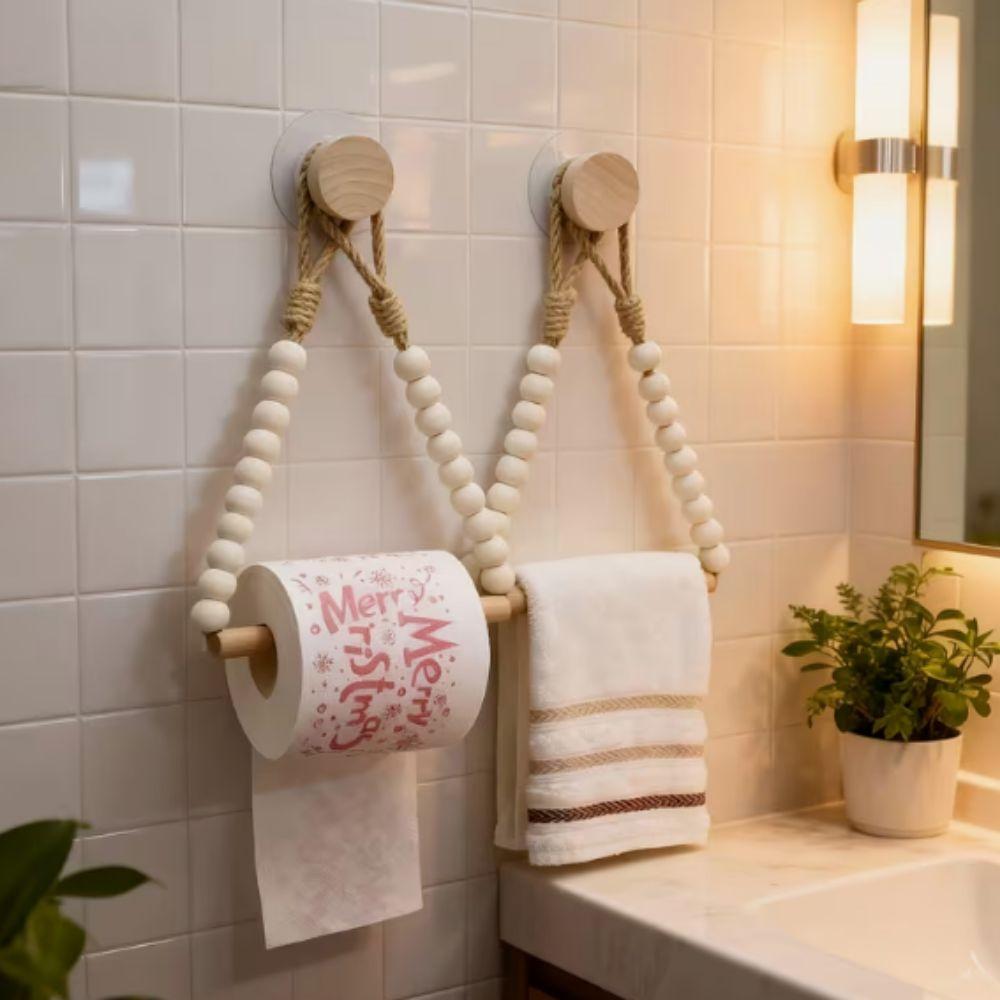 String Bead Detail Jute Rope Towel Rack Handwoven Rope Roll Paper Holder Toilet Organization
