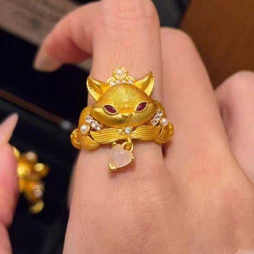 Chinese Style Rhinestone Opening Ring Textured Animal Ring Fashion Vintage Metal Ring  Women