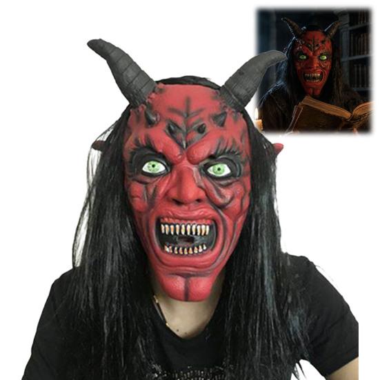 Evil Demon Mask for Cosplay Halloween Satan Devil Mask, Realistic Full Head Latex Costume with Long Horror Movie Character Headgear Horns And