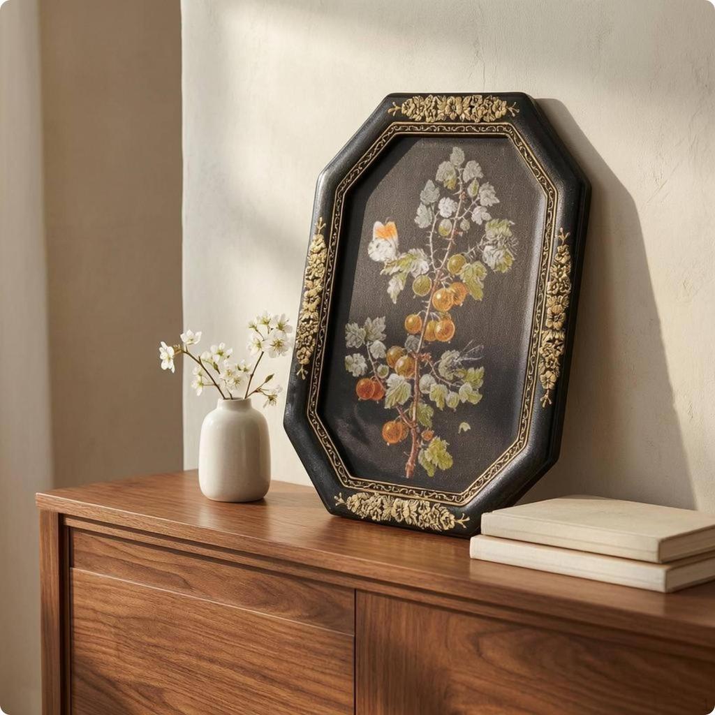 EightSided Picture Frame Floral Border Resin Photo Toned 6 Inch Black