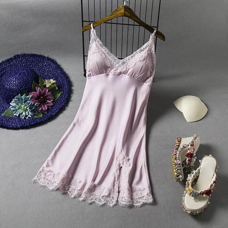 European & American Faux Silk Deep V Lace Trim Camisole Nightgown