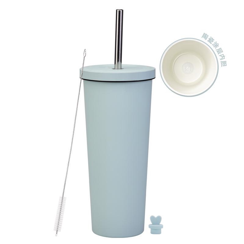2025 Ceramic Liner Milk Tea Cup Large Capacity 830Ml Thermos Cup Stainless Steel Straw Cup