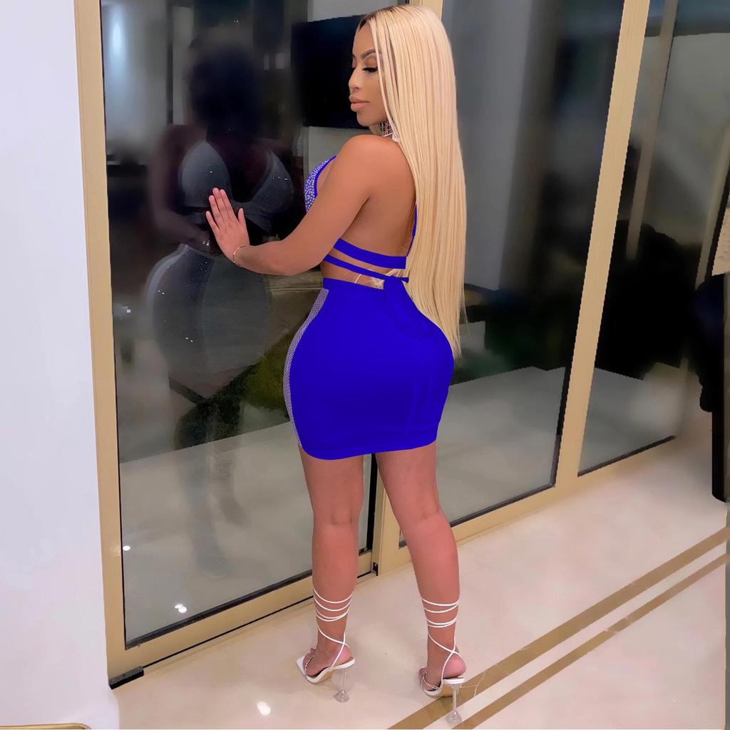 C3645 Fashion European & American Nightclub Skirt: Hot Drilling, Cross Straps, Backless Two-Piece Set