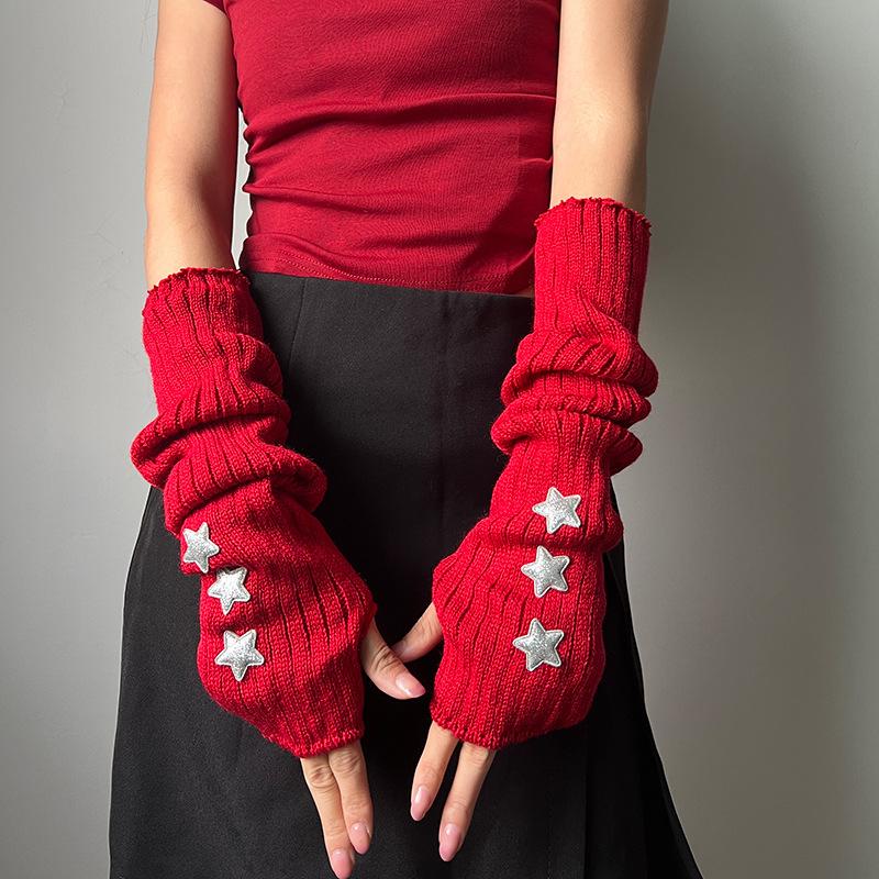 Red Knitted Arm Cover Hip-Hop Long Fingerless sleeves Stretchy Elbow Decoration Thumb Hole Gloves Teens Cosplay