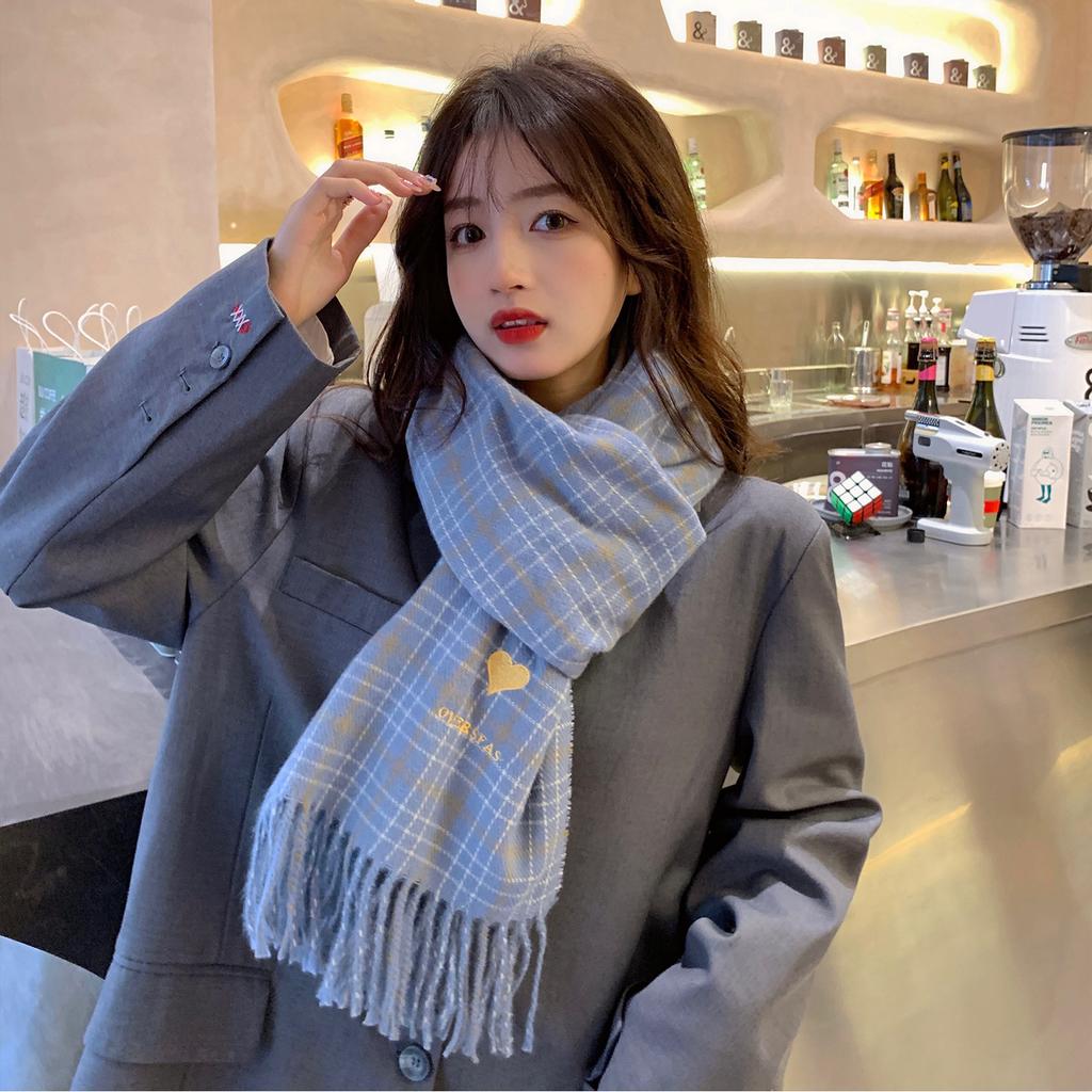 Love Beige Plaid Scarf Women's Autumn and Winter New Korean Style Student Imitation Cashmere Shawl Two Purpose Scarf