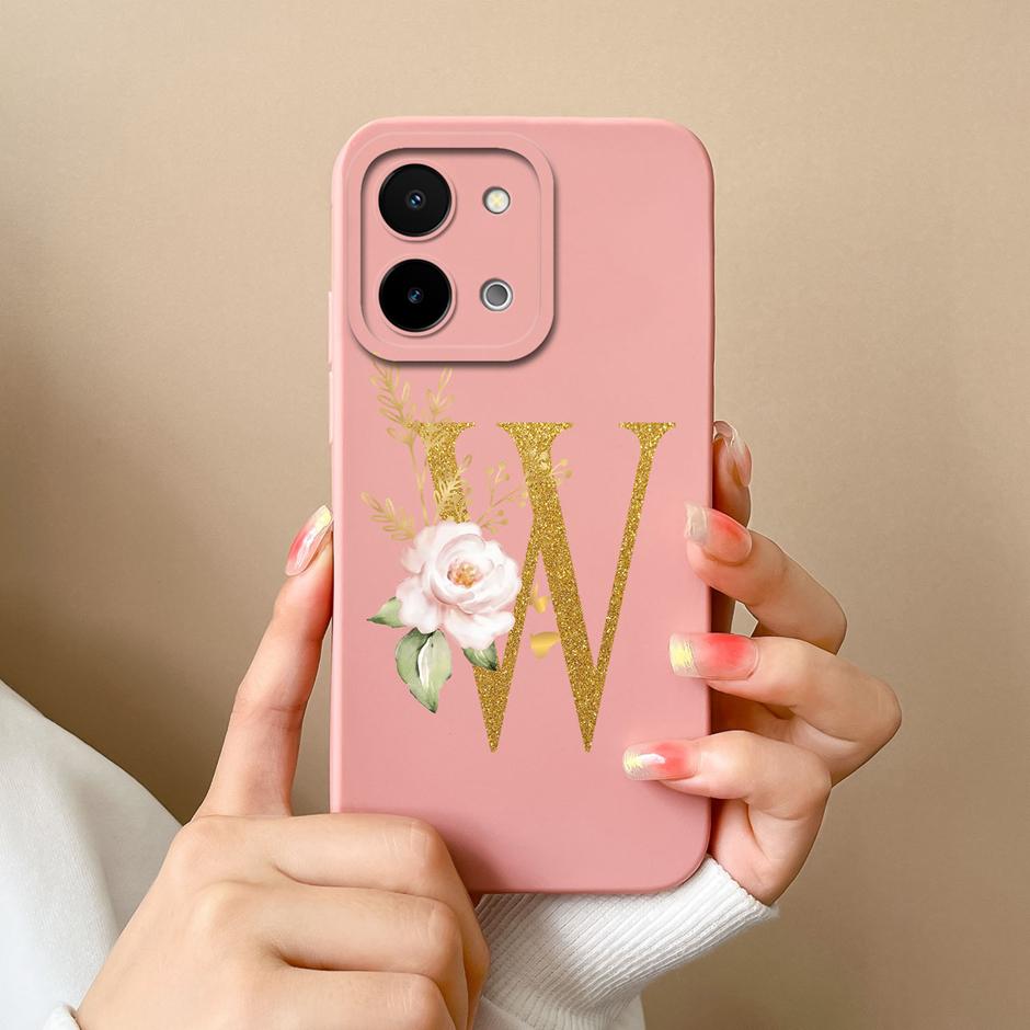 Case For Vivo Y28 4G 5G Art Flower 26 Letters Liquid Silicone TPU Back Cover For VivoY28 4G 5G Advanced Sense Couple Funda Shell