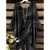 Women's Striped Checkered 3D Printed T-Shirt Summer Round Neck Casual Fashion Women's Loose Asymmetrical Hem Street Tops