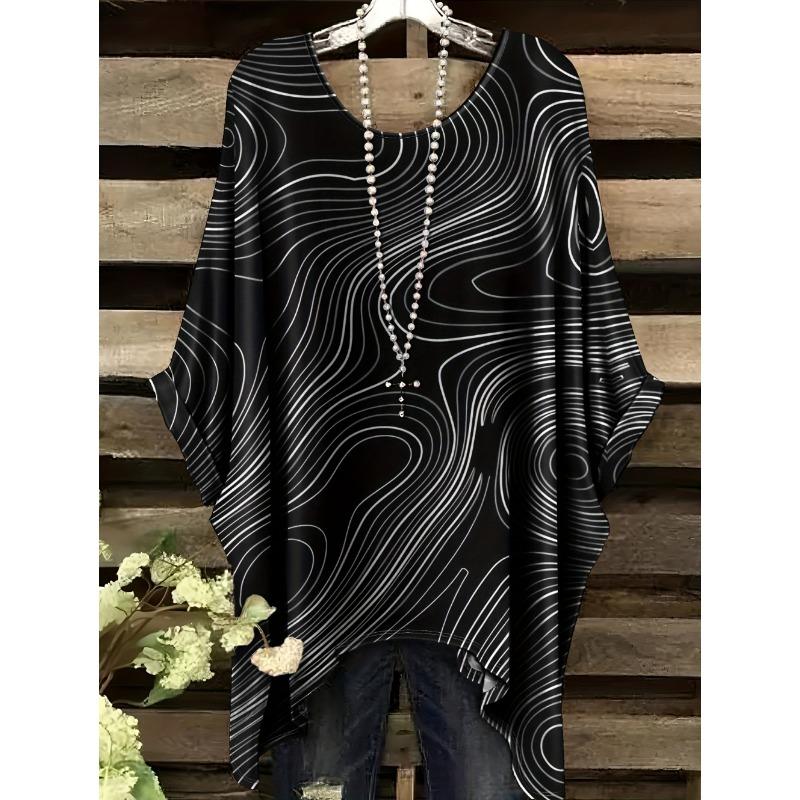 Women's Striped Checkered 3D Printed T-Shirt Summer Round Neck Casual Fashion Women's Loose Asymmetrical Hem Street Tops