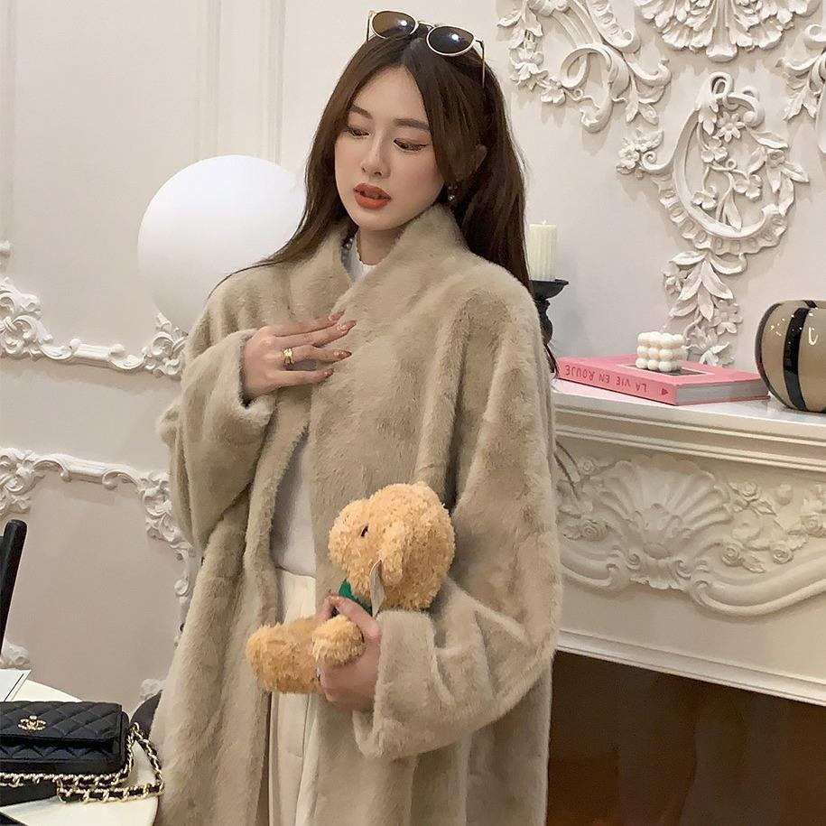 Young environmentally friendly fur temperament fur integrated coat women's mink fleece thickened long stand-up collar coat lazy style