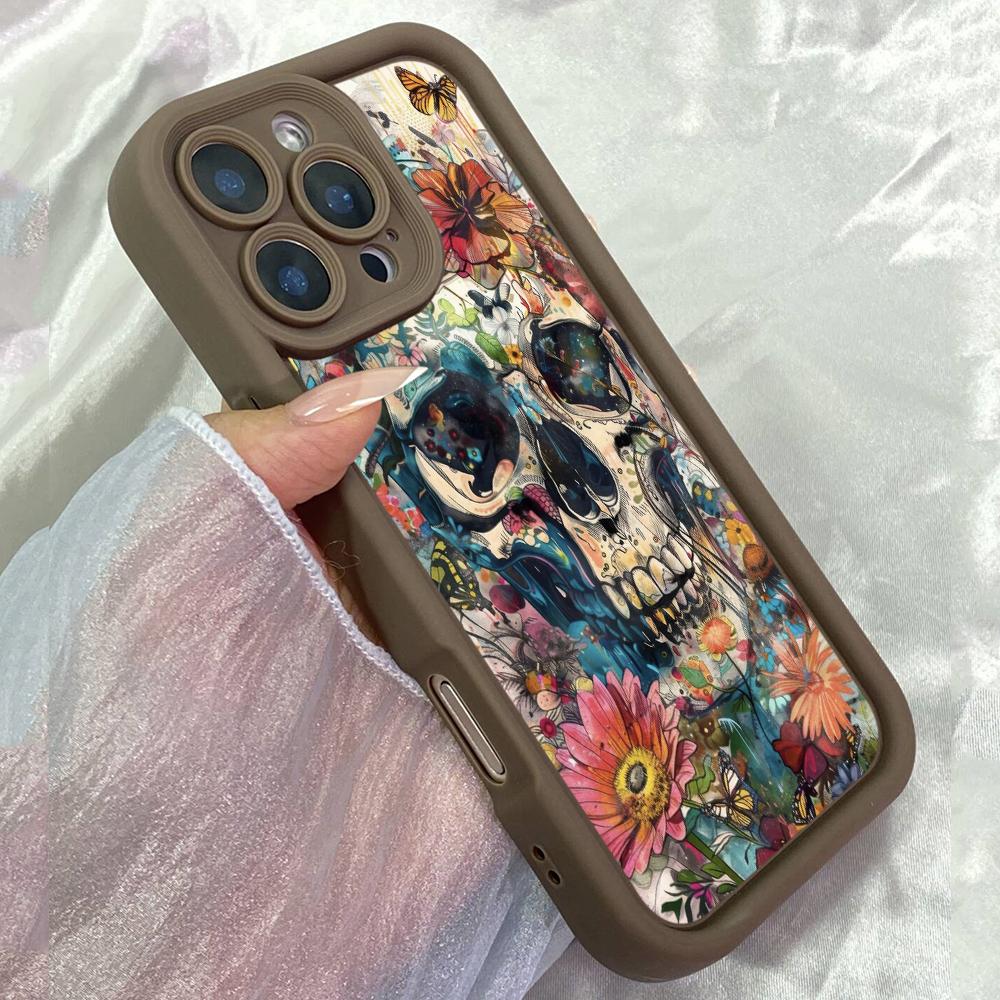 JT478 Skull with Flowers for iPhone 17 16 15 14 13 Pro Max Samsung S26 S25 Ultra A17 A07 A56 A16 A15 A14 Xiaomi 15T Redmi 15c 14C Note 12 11 Soft Case