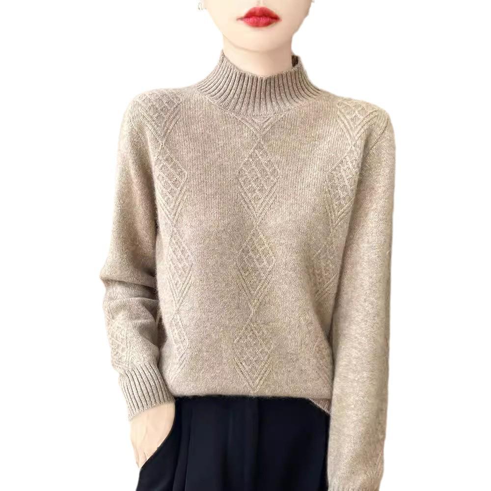 Women's Diamond Pattern Wool Pullover - Semi-High Neck, Thick, Autumn/Winter Knit