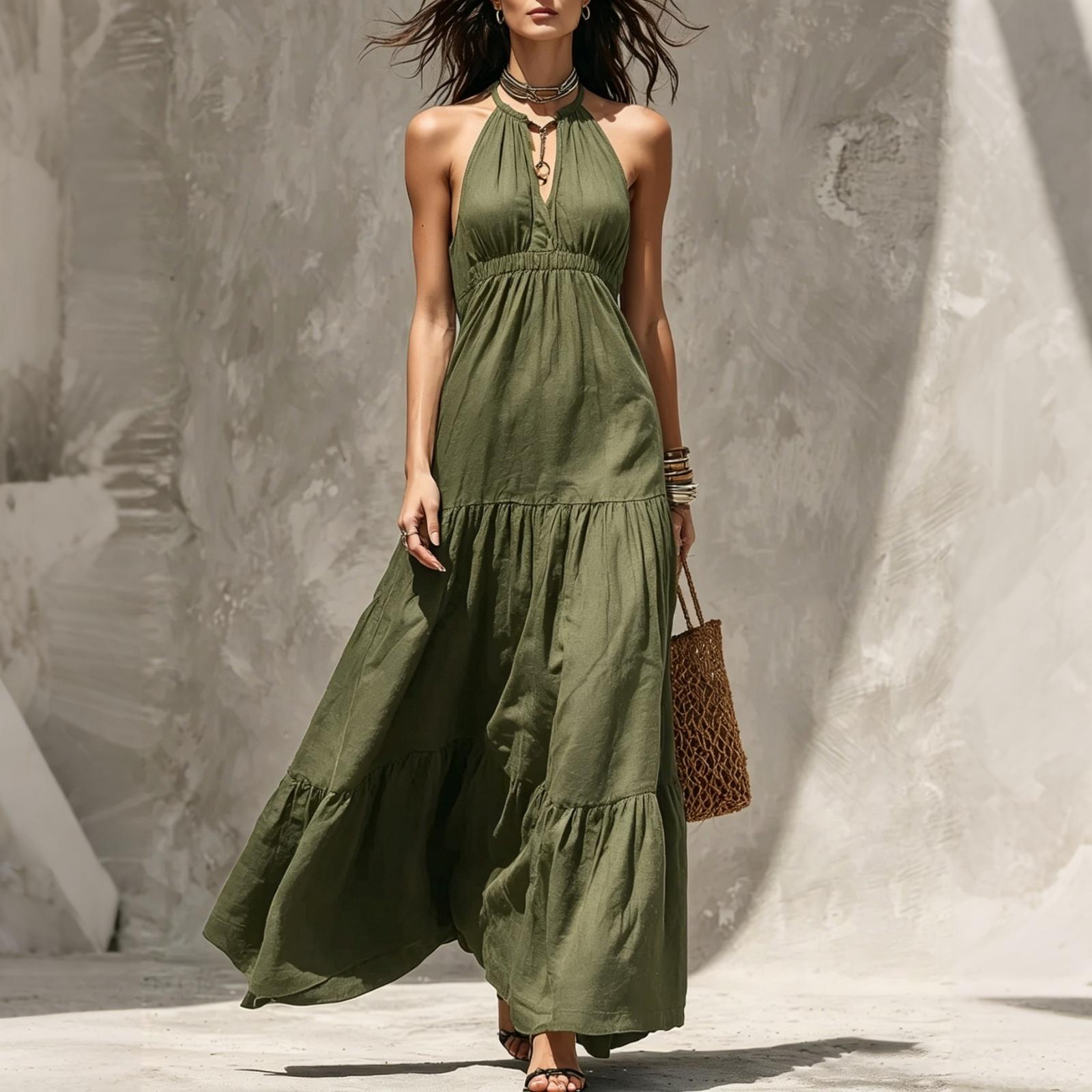 Women V Neck Waist Cinched Maxi Dress Sleeveless Tiered Ruffle Hem Casual Holiday Long Dress M