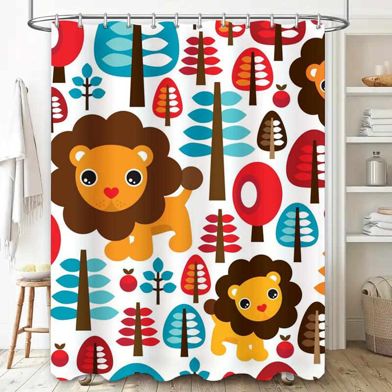 Playful Lion Forest: Whimsical Animal and Tree Pattern Shower Curtain for a Fun and Vibrant Bathroom Décor