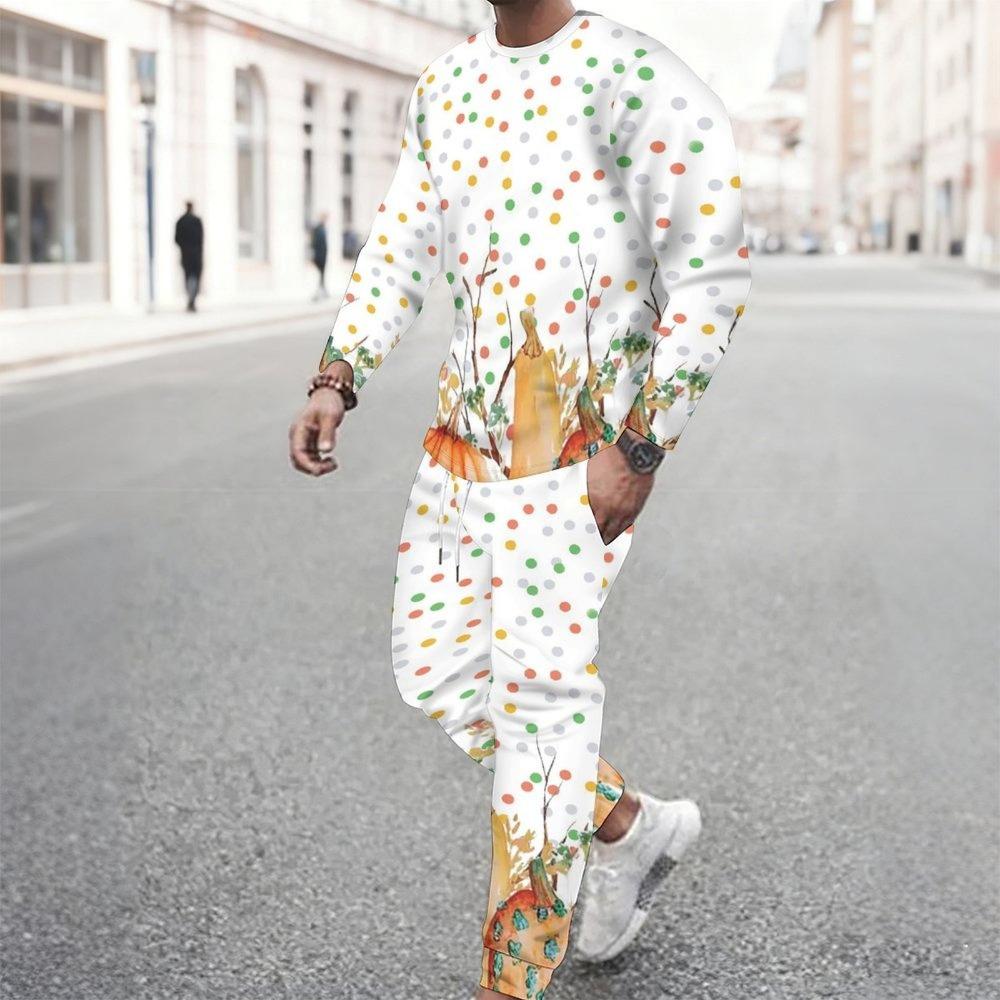 Men Print Two Piece Outfit Crew Neck Sweatshirt Drawstring Jogger Pants Casual Daily Tracksuit Set