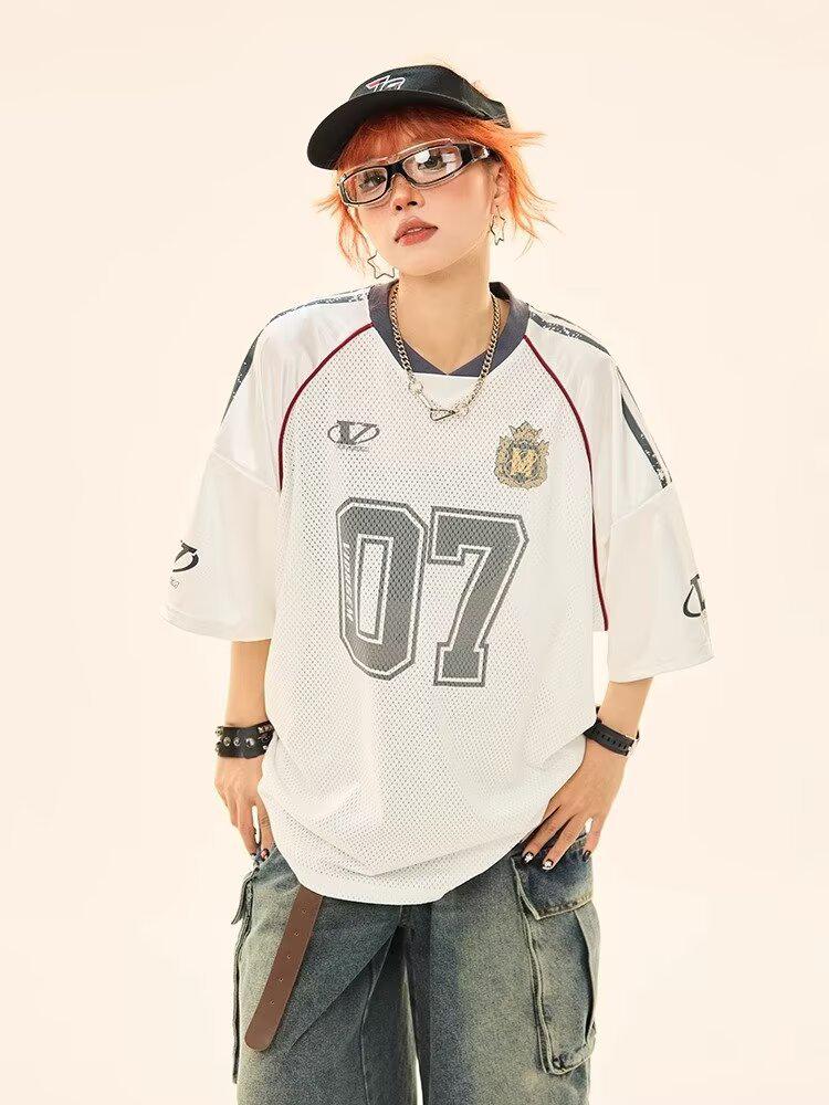 Women's Retro Sport Mesh Rugby T-Shirt: Summer College Style, Loose Fit Short Sleeve