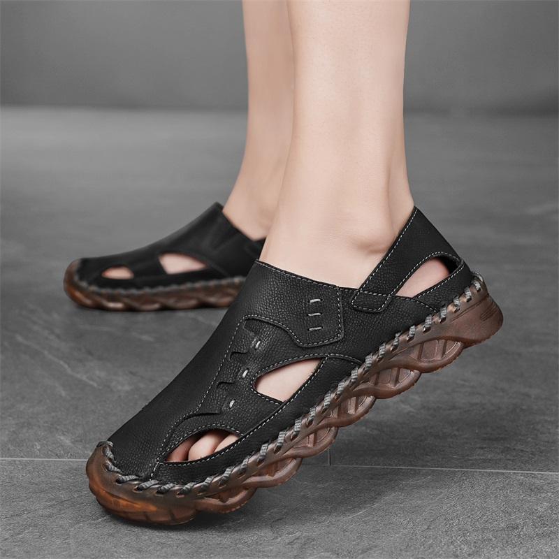 Men Outdoor Hiking Sandals Handmade Flats Black Summer Roman Sandals Retro Wide Leather Beach Shoes Over Sized