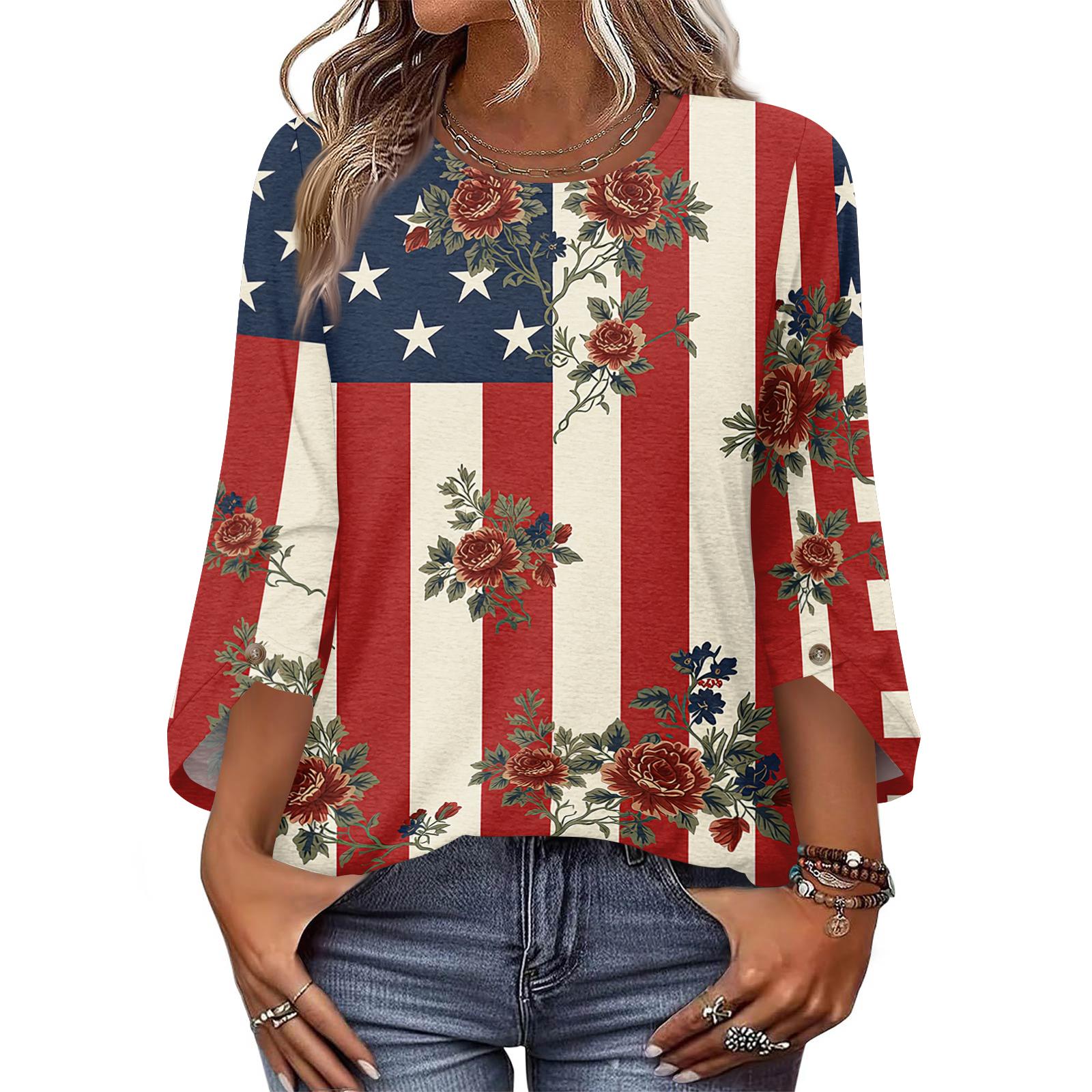 

Womens Tops 3/4 Length Sleeve Dressy Casual Blouses For Women Trendy Round Neck T Shirts XL винний