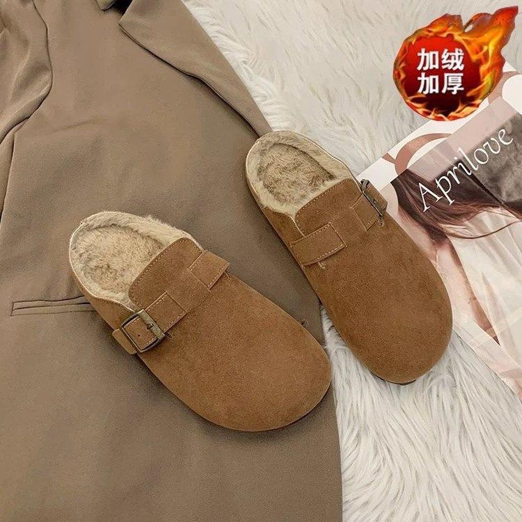 Winter outer wear velvet bag head half tow Boken Muller Boken slippers mango big head loafer bean cotton slippers