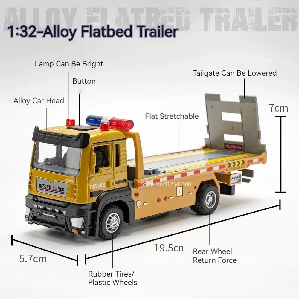 1:32 Rescue Car Flat Trailer Model Toy Alloy Diecast Doors Opened Miniature Engineering Vehicle Models Sound Light Toys for Kids