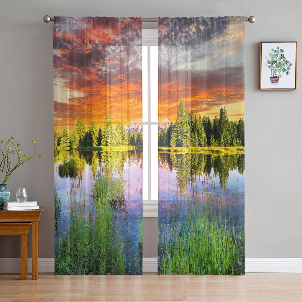 Lake Winter Forest Quiet Shadow Chiffon Sheer Curtains for Living Room Bedroom Home Decoration Window Voile Tulle Curtain Drapes