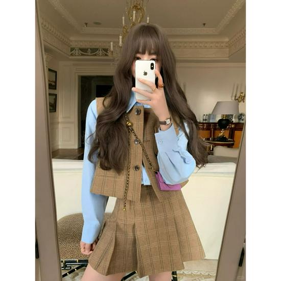 

Women s Early Autumn Chic Plaid Vest, Long-Sleeve Top, and Pleated Skirt Set S (80-99 pounds)