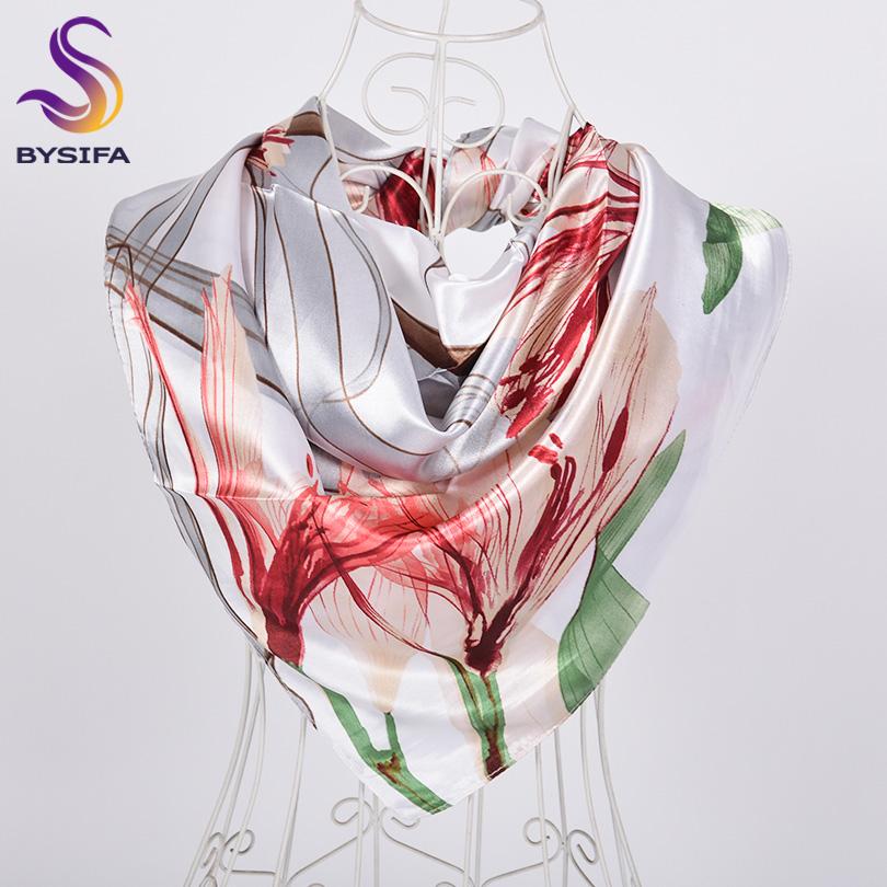 [BYSIFA] Scarf Hijab  New Ladies Grey Red Square Scarves Wraps Fashion Floral Design Satin Silk Scarf Shawl Pink Blue 90*90