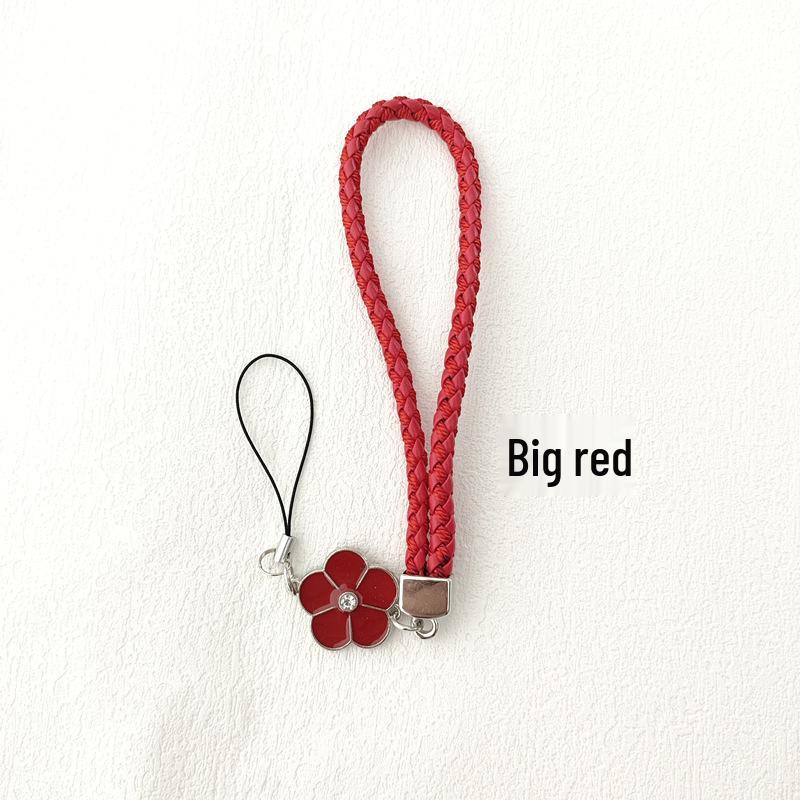 Camellia Four-Leaf Clover PU Leather Phone Wrist Lanyard with Nylon Woven Cord and Phone Case Pendant