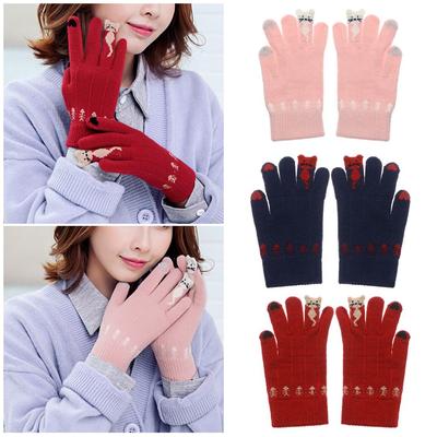 Warm Winter Cute Soft Cartoon Cats Full Finger Thicken Warm Touch Screen Mittens Knitted Gloves