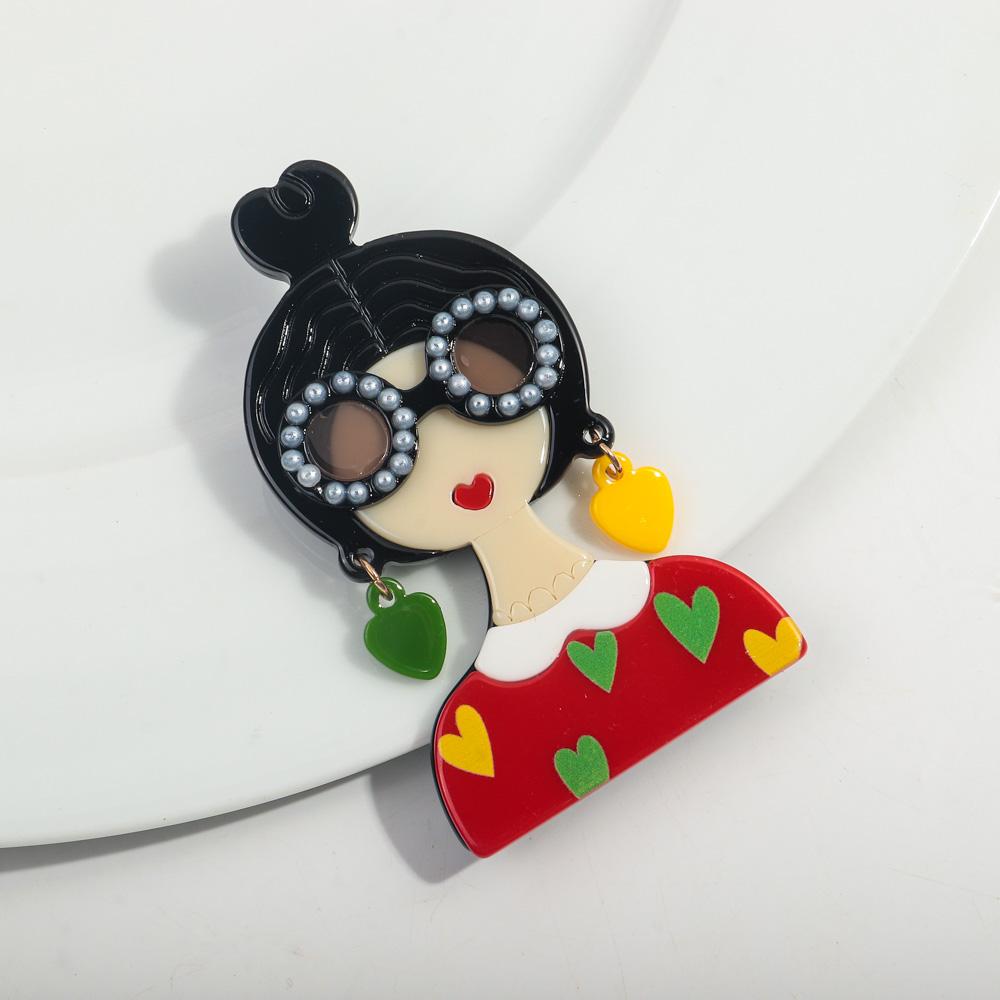 New Cute Girl Figure Acrylic Brooches for Women Spliced Handmade Glasses Lady Badge Lapel Pins Jewelry Clothing Accessories Gift