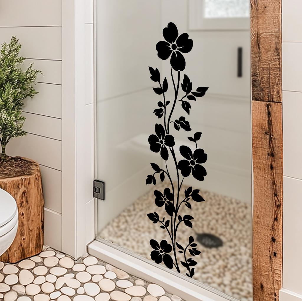 Transparenter Badezimmerglas Schwarze Blumenranke Aufkleber Minimalistischer Stil Dekoration Abziehbild