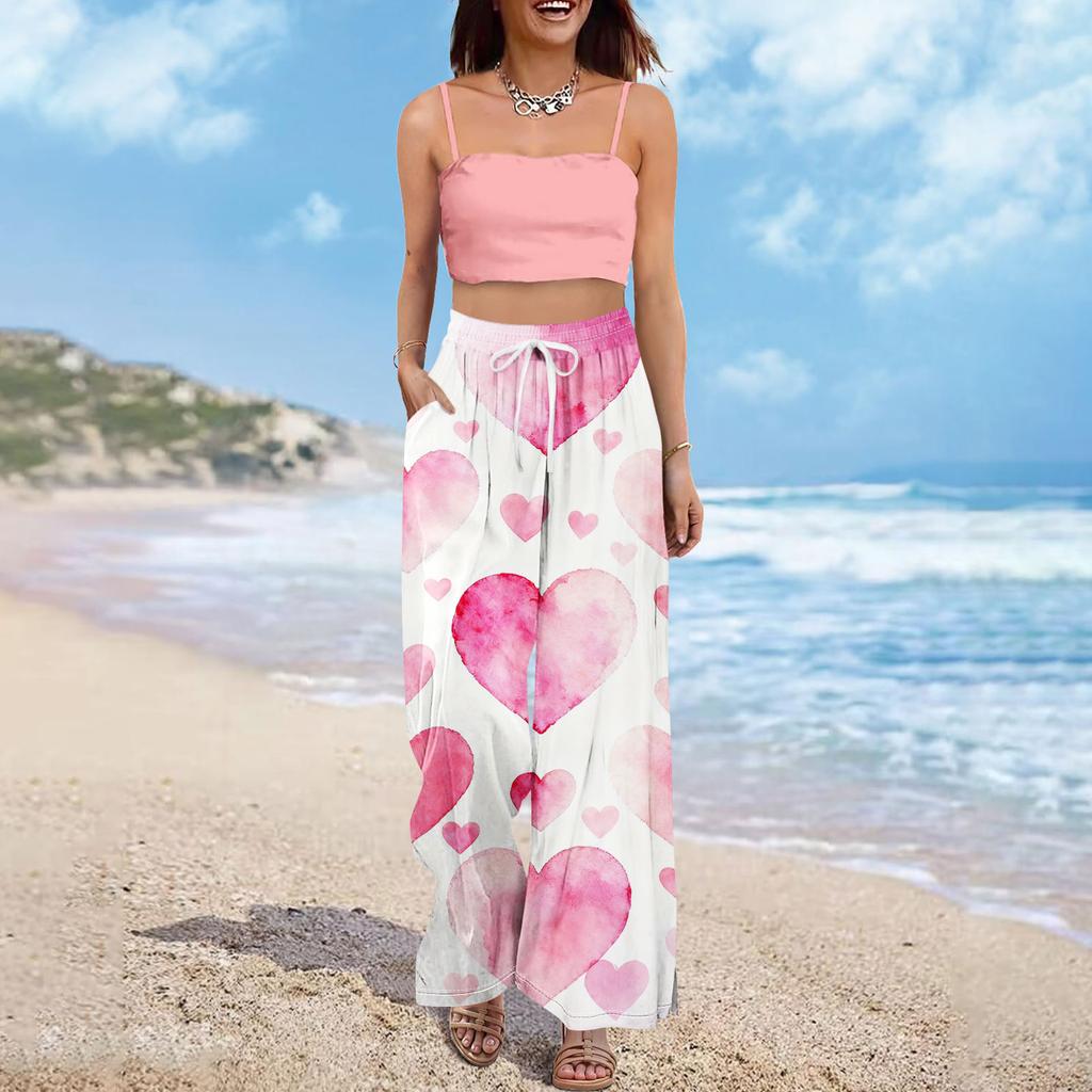 Pantaloni largi cu talie înaltă pentru femei, stil boho de vară, stil palazzo, cu imprimeu, casual, cu buzunare