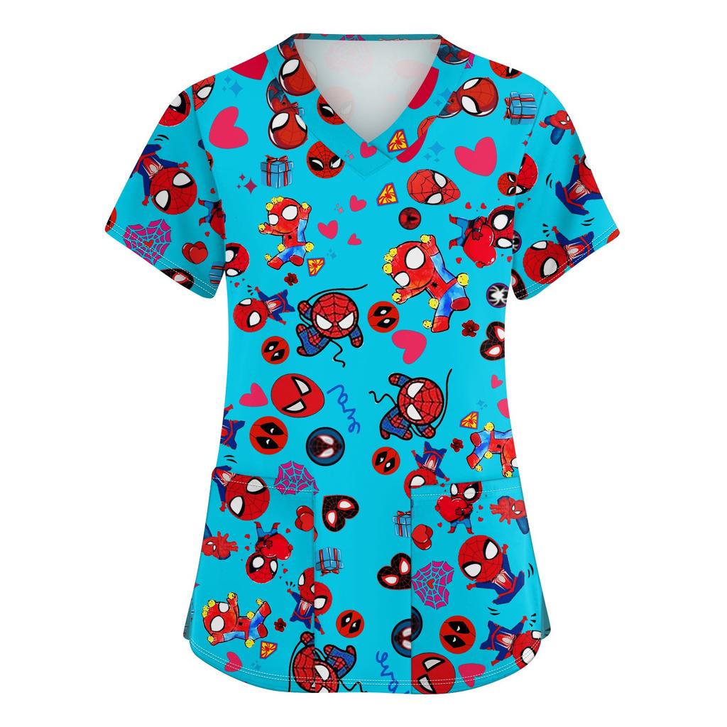 Women's Fashion V-neck Short Sleeve Workwear With Pockets Printed Tops