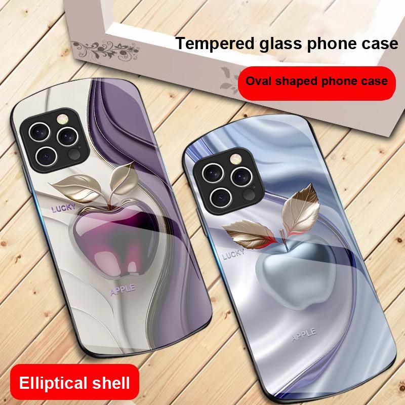 Glücklicher Schwarzer Apfel Für IPhone 16 Pro Max 15 Pro 14 13 12 Mini 11 XS Max XR 7 8 Plu SE 2022 Elliptische Glas-Handyhülle