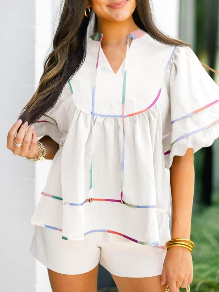 Women's Babydoll V Neck Blouse Short Lantern Sleeve Loose Peplum Flowy Top