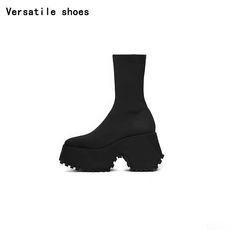 Punk Style Platform Women Ankle Boots Fashion Stretch Slim Shoes Autumn Winter Thick Heel Ladies Elegant Short Booties
