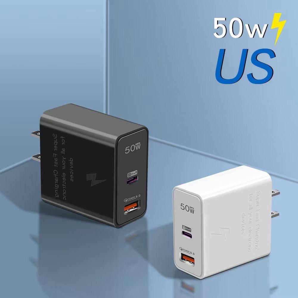 50W Dual-Port Charger, Compatible with Samsung, Huawei, and Apple Phones, PD Fast Charging Adapter for EU/US/UK Standards.